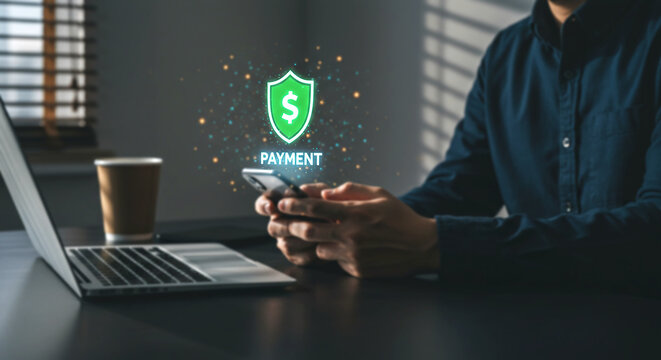 Secure Mobile Payment: Man using smartphone for secure online payment with digital shield icon.