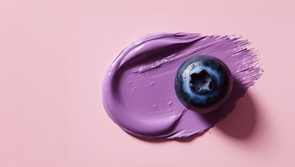 Single blueberry on a smeared purple cream against pastel pink background. Fruit production, organic ingredients, copy space backdrop.
