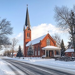 Snow-covered street scene featuring a historic red church with a tall steeple and trees