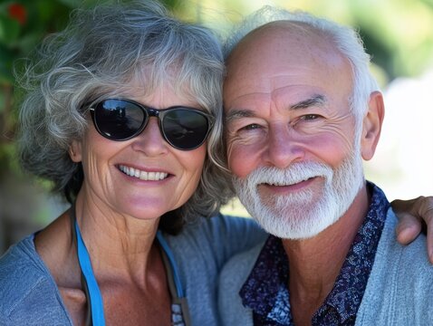 An elderly couple embracing outdoors in a happy moment.
