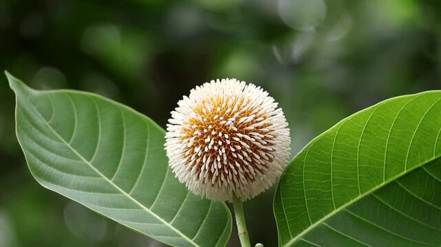 Close up of a vibrant Burflower tree (Neolamarckia cadamba) in full bloom. Kadam, Kodom, Kadamba, Leichhardt pine, Anthocephalus indicus with green foliage, blurred nature background.