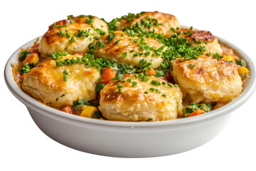 Golden Brown Biscuit Topped Chicken Pot Pie Vegetable Casserole Dish isolated on a transparent background