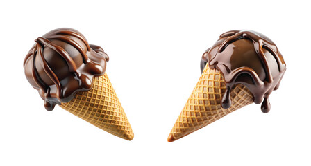 Ice Cream with Cone Dipped in Chocolate: Ice cream cone dipped in melted chocolate at the top, hardened coating, sharp PNG