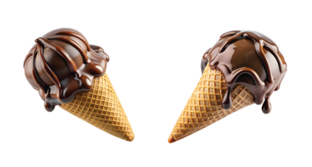 Ice Cream with Cone Dipped in Chocolate: Ice cream cone dipped in melted chocolate at the top, hardened coating, sharp PNG