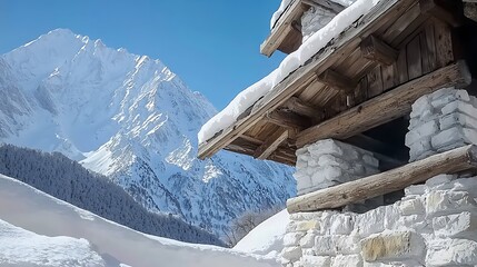 Snow-covered mountain cabin with a stunning backdrop of majestic peaks under a clear blue sky