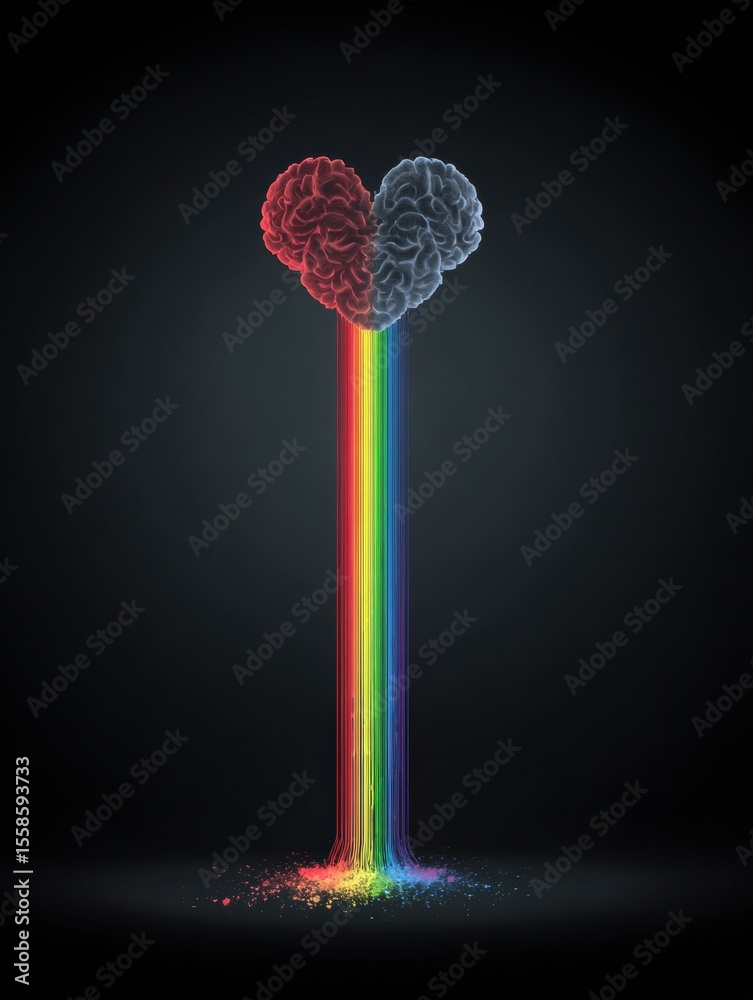 Poster rainbow flowing from brain to heart symbolizes neurodiversity and emotional connection, showcasing t