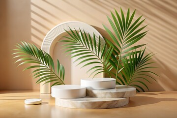 A threetiered white marble podium with palm leaves is displayed against a beige background with sunlight