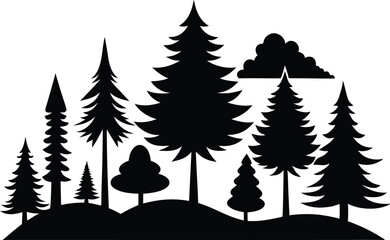 Doodle forest conifer abstract silhouettes outlined trees in black color vector