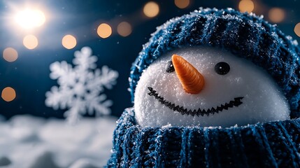 Snowman wearing a cozy blue scarf smiles amidst a snowy landscape with soft bokeh lights