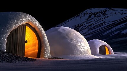 Snowy landscape featuring igloos with warm glowing interiors, set against a mountain backdrop
