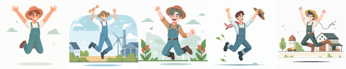 vector character farmer celebration jumping