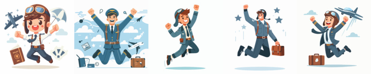 vector character pilot celebration jump