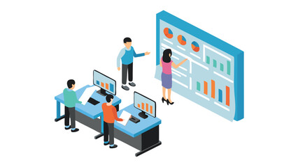 Fototapeta premium Isometric view of data analysis team working with charts and graphs on screens and a large display board