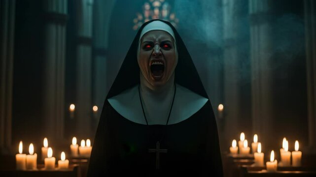 Disturbing visuals showcasing a possessed nun screaming in a dimly lit gothic church with eerie