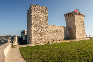 North facade of the Ourém castle in Portugal, on a sunny afternoon with blue skies.