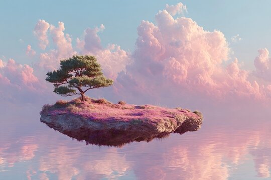 Flying island with tree and pink flowers under pastel clouds