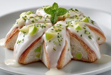Exquisite Dessert with Creamy Frosting, Fresh Green Apples, and Mint Garnish on a White Plate, Perfect for Culinary Photography and Food Styling