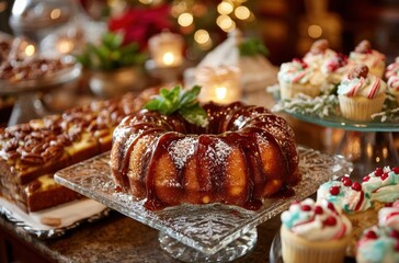 Festive Dessert Display Featuring Bundt Cake, Pastries, and Cupcakes Surrounded by Holiday Decoration and Soft Candlelight Ambiance