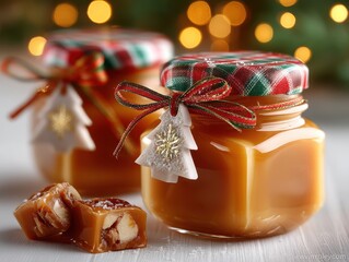 Festive jars of caramel sauce with holiday decorations, surrounded by cozy bokeh lights and delicious treats for a warm winter celebration