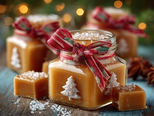 Festive Homemade Caramel Candles with Decorative Ties and Sugar Sprinkles, Ideal for Holiday Gifting and Seasonal Decor