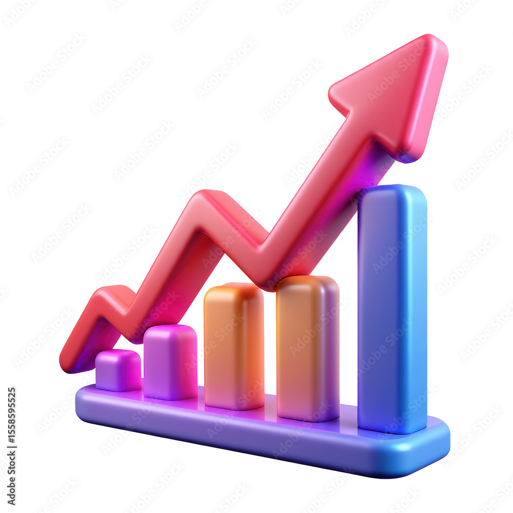 Poster bar graph icon with an upward arrow in vibrant neon holographic style. isolated plastic 3d icon.