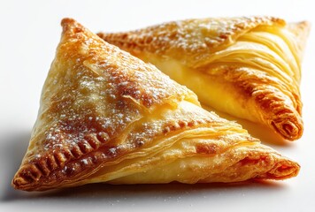 Flaky and Golden Brown Pastry Triangles with Light Dusting of Powdered Sugar on a Clean White Surface