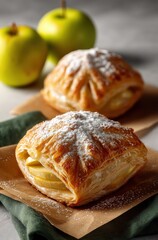 Flaky Apple Pastries with Powdered Sugar on Natural Background, Fresh Green Apples in Soft Light, Delicious Bakery Treats, Sweet Delight