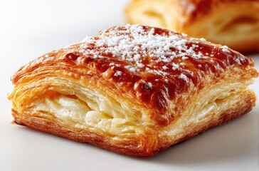 Flaky Golden Pastry with Cream Filling and Powdered Sugar Topping on a Bright Background for Culinary and Dessert Photography