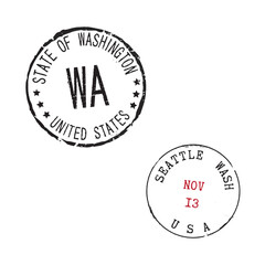 Postal rubber stamps with SEATTLE, STATE OF WASHINGTON, USA, along with the ZIP code, state abbreviation WA, and date. Retro-style seals for letter envelopes, greeting cards, passports, and parcels.