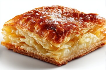 Flaky Layers of Golden Puff Pastry Dessert with Sweet Dusting of Powdered Sugar on Top Against a White Background