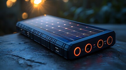 Solar-powered charger resting on a rock, illuminated by sunset, showcasing outdoor technology