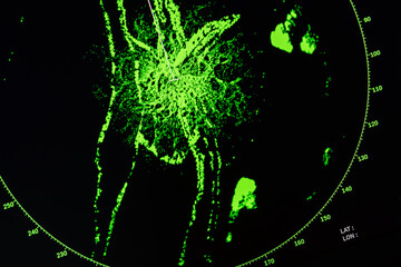 Green light patterns on a radar screen display on a dark background,