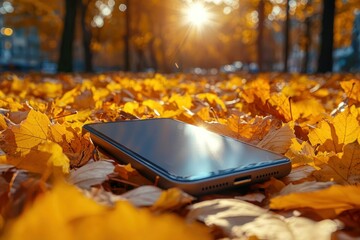 Smartphone rests on autumn leaves. Sunlight filters through trees