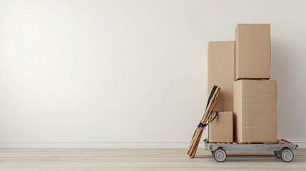 A minimalist image of moving straps, furniture dolly, and packing materials placed on floor, with plenty of space for branding or promotional content, emphasizing the tools used by moving companies