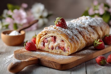 Fresh Strawberry Cream Roll Pastry on Wooden Board with Powdered Sugar and Blooming Flowers in Background for Baking and Dessert Enthusiasts