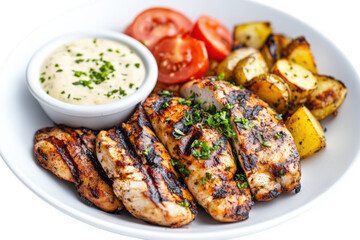 Grilled Chicken Breast Slices with Roasted Potatoes and Tomatoes Creamy Sauce Garnish isolated on a transparent background