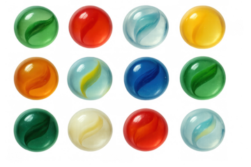 Twelve colorful glass marbles with swirls, isolated on a transparent background, ready for any design project