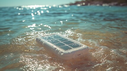 Solar-powered device floating in clear ocean water, with sunlight reflecting off the surface