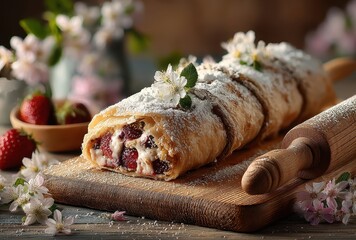 Fresh Strawberry Strudel with Cream Filling and Powdered Sugar on Wooden Board Surrounded by Flowers and Fruits