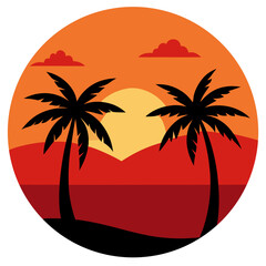 A vibrant vector illustration of a tropical palm tree silhouette at sunset on a summer beach, perfect for your island paradise design needs