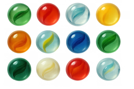 Twelve colorful glass marbles with swirls, isolated on a transparent background, ready for any design project