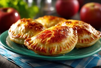 Freshly Baked Appetizing Pastries with Golden Brown Crust on a Plate Surrounded by Red Apples and Green Lettuce in a Cozy Kitchen Setting