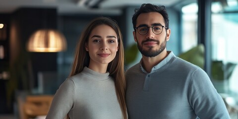 A professional couple in a modern office setting, suggesting teamwork and urban career life.