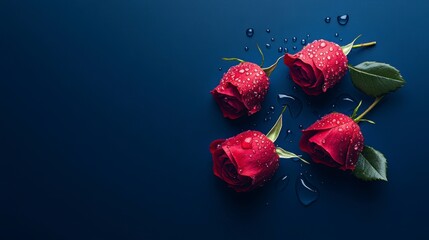 Four red roses with water droplets on a dark blue background.