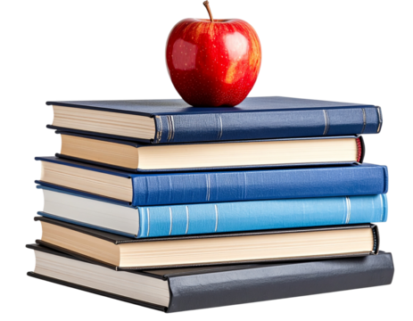 Diagonal Stack of Books with Red Apple Tilted on Top, Transparent PNG