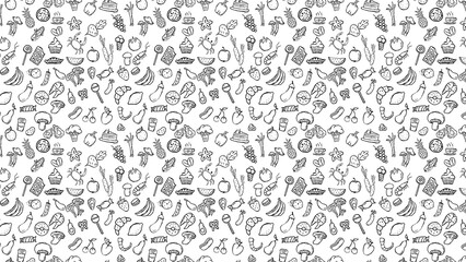 Seamless pattern with hand drawn food and drinks on a white background in a doodle style design