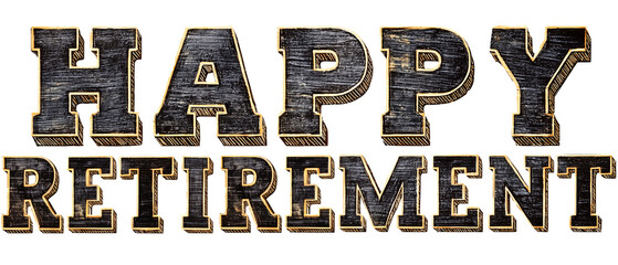 happy retirement sign in black & golden color looking like han painted; congratulation banner isolated over white (transparent) background