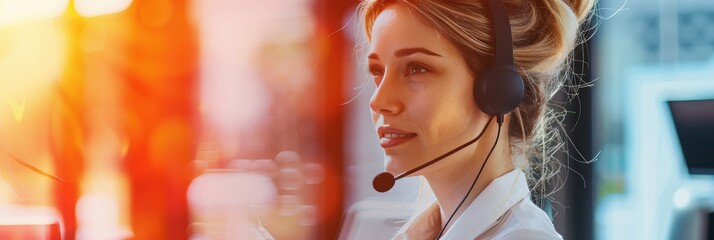 Confident woman with headset in a colorful call center setting, space for text included