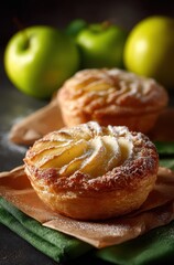 Freshly Baked Apple Pastries with Golden Apples in the Background on a Rustic Table with Green Napkin and Powdered Sugar Dusting