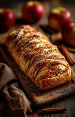 Freshly Baked Apple Pastry with Cinnamon and Crisp Golden Crust on Wooden Table, Surrounded by Red Apples and Natural Textures